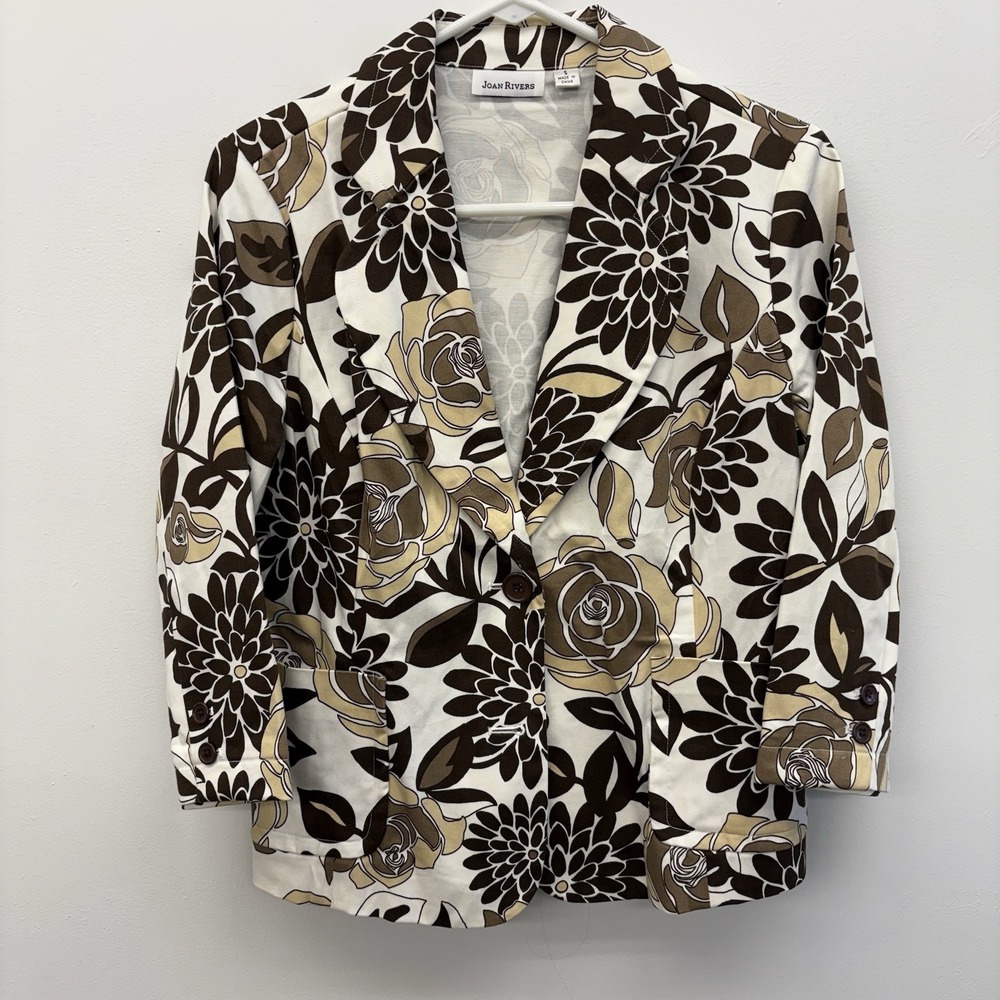 Joan Rivers Womens Small Brown Beige Floral Cotton Stretch Blazer Jacket A90133